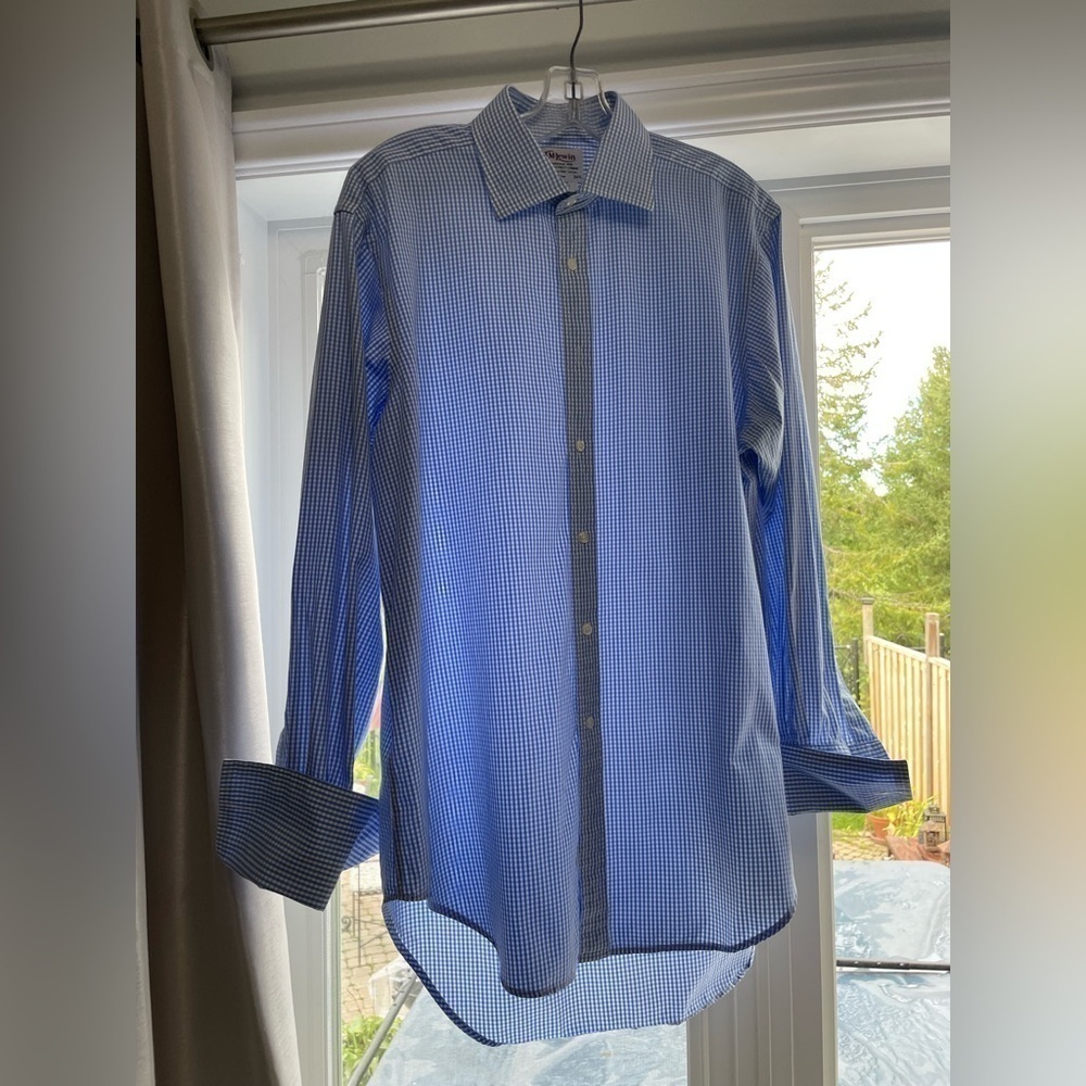 T.M. Lewin - Blue and white checkered dress button down shirt. Double cuff. - Picture 1 of 4